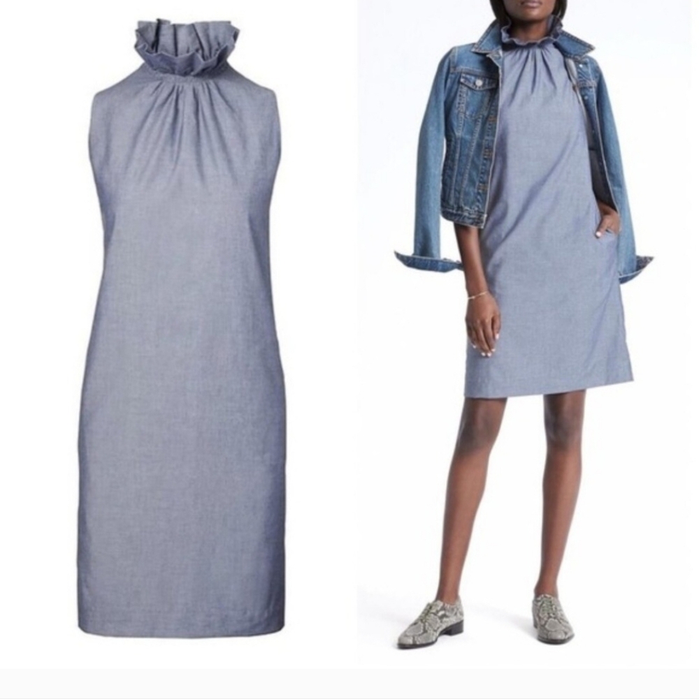 Banana Republic Sleeveless Ruffled-Neck Chambray Midi Dress - Chambray Blue